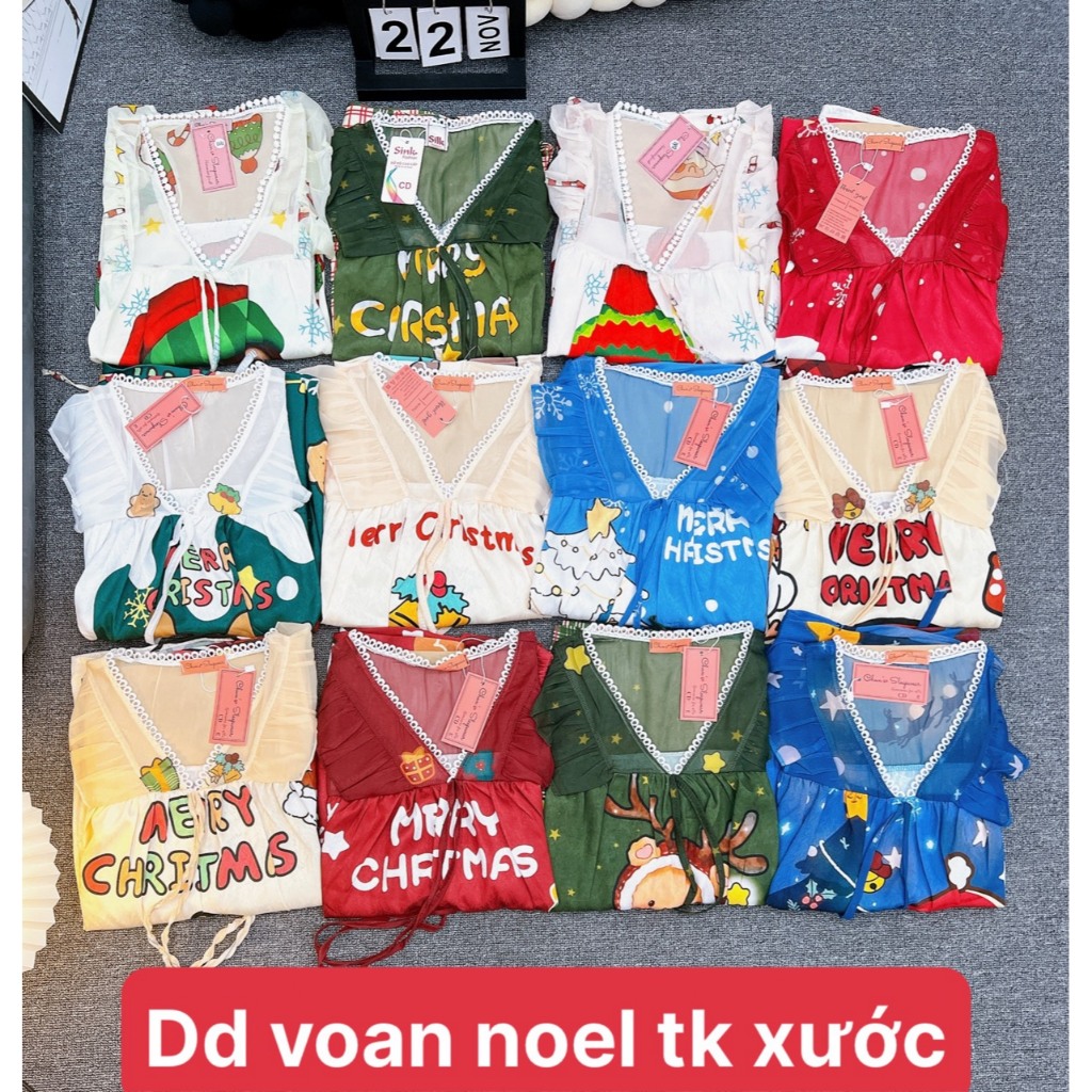 Đồ bộ Noel nữ mặc nhà áo tay dài quần dài chất lụa xước phối voan Freesize 40-60kg - Chun's sleepwear