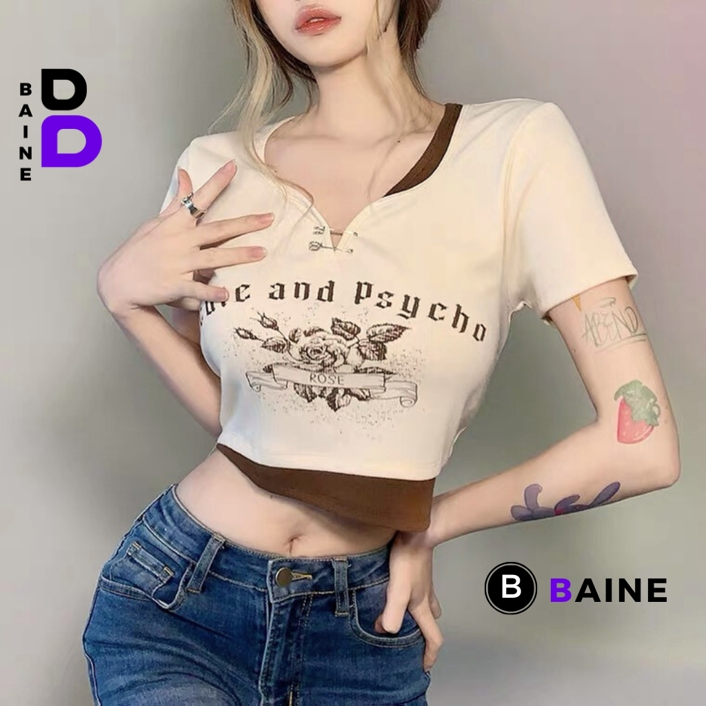 Áo Croptop Nữ HOA HỒNG ROSE móc gài phối cổ xẻ V Thun Gân Kiểu Sexy Nữ, Áo Thun Ôm Body In Hoạ Tiết Đẹp Tôn Dáng BAINE