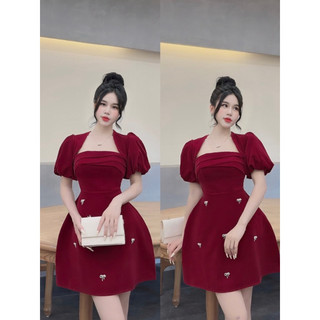 LEY090 Đầm Nhung Đính Nơ Thiết Kế Nhà LeyLa