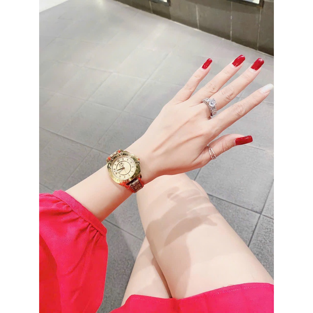 Đồng Hồ Nữ Coach Boyfriend Đính Đá , Dây Da Họa Tiết Viền Đỏ , Size 35mm