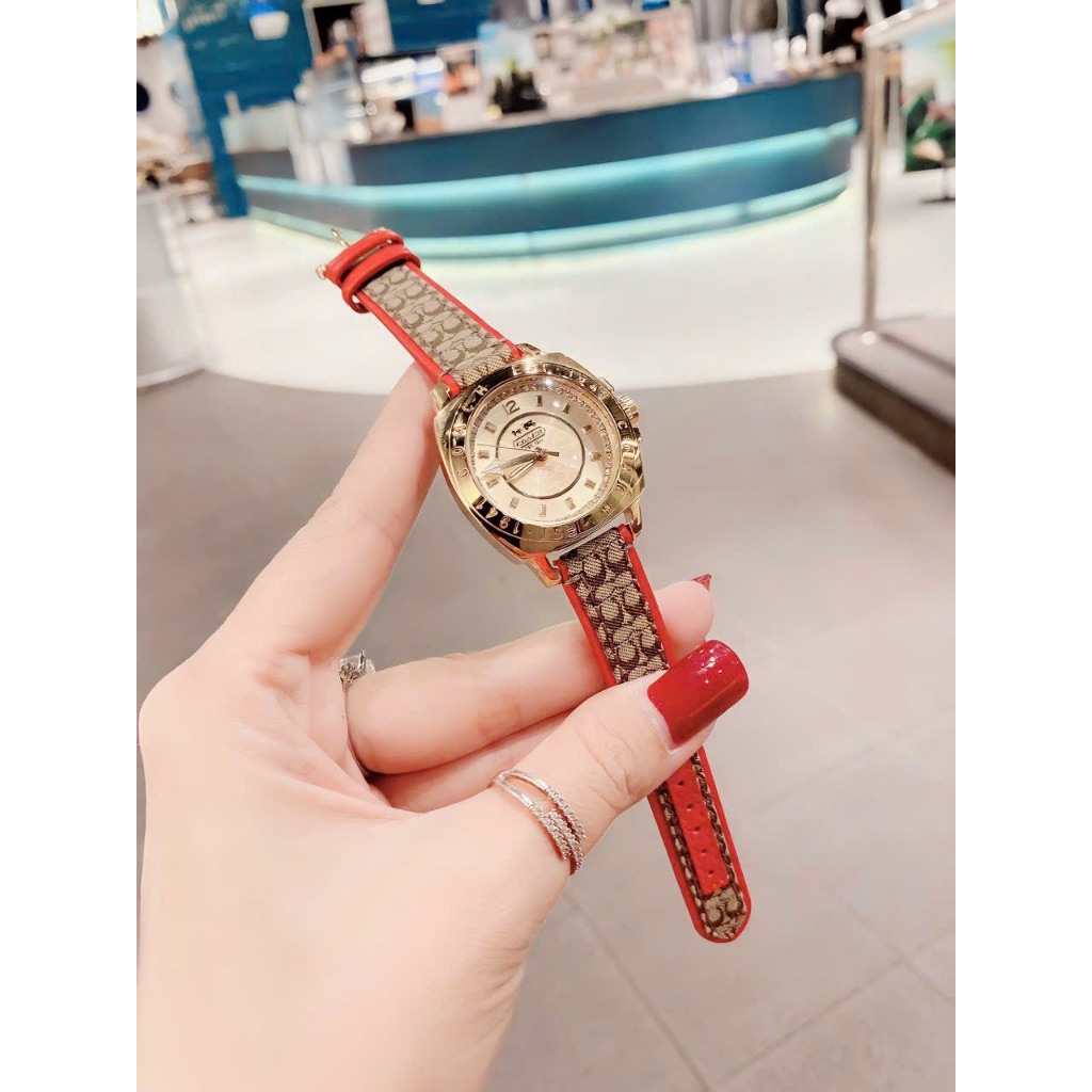 Đồng Hồ Nữ Coach Boyfriend Đính Đá , Dây Da Họa Tiết Viền Đỏ , Size 35mm