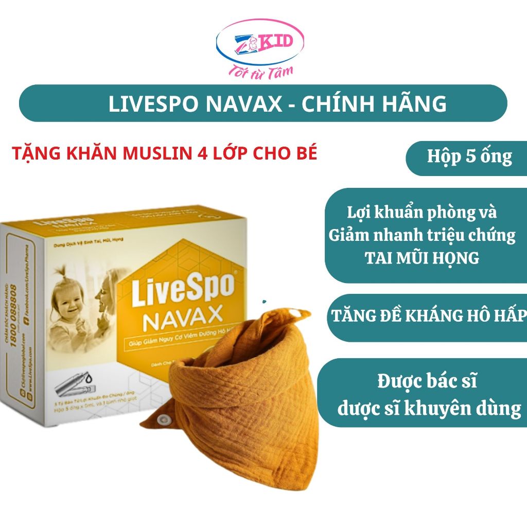 LiveSpo NAVAX KIDS - Nhỏ tai/mũi/họng bào tử lợi khuẩn cho trẻ nhỏ giảm nghẹt mũi, khô mũi - Hộp 5 ống x 5ml