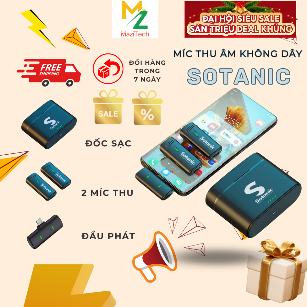Bộ 2 Míc thu âm , micro không dây Sotanic , lọc tạp âm , giảm tiếng ồn hiệu quả cải thiện chất lượng âm thanh cho video