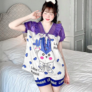 Bộ ngủ tiểu thư bánh bèo đồ bộ tiểu thư set đồ bộ ngủ nữ 2 dây dễ thương quần đùi vải lụa xước - CN48