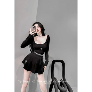 Set chân váy xếp ly, áo thun thêu - hàng qc cao cấp