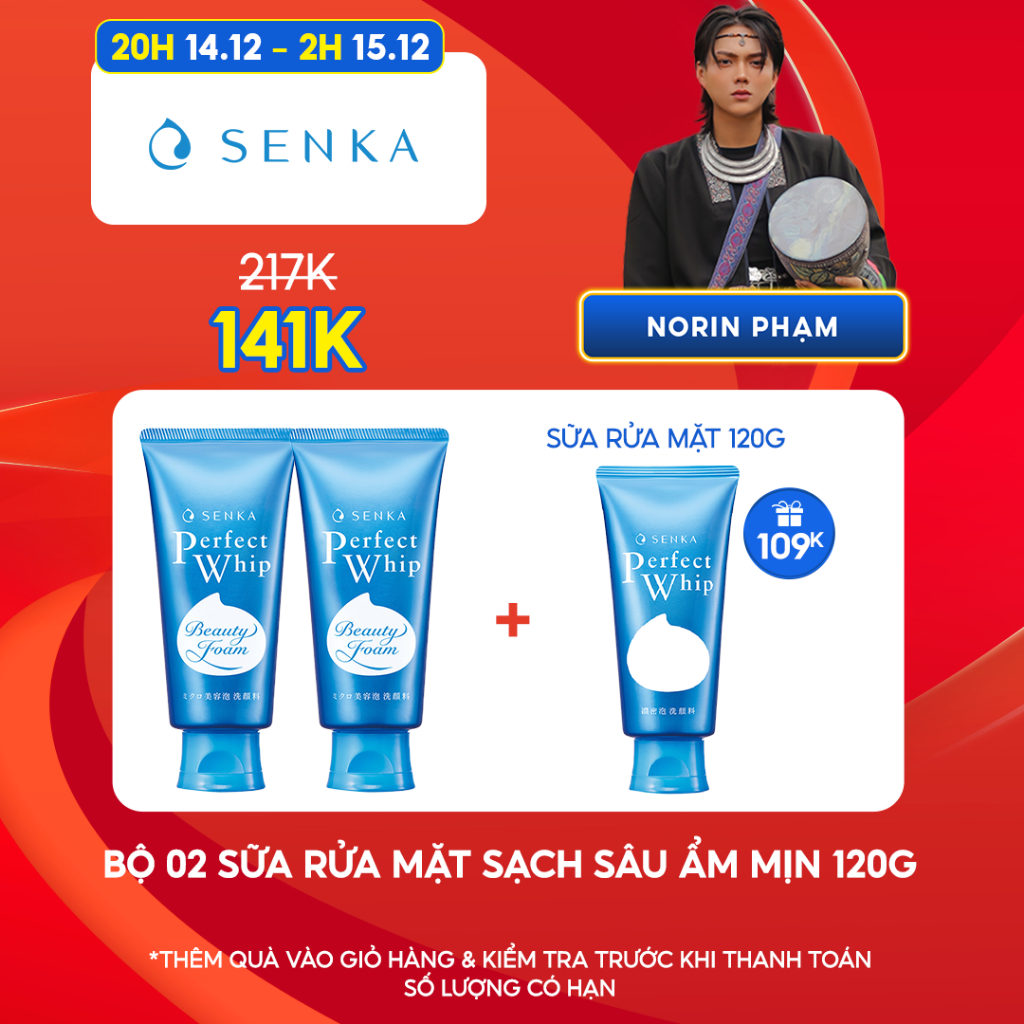 [Norin Pham x Senka] Bộ 02 Sữa rửa mặt tạo bọt chiết xuất tơ tằm trắng Senka Perfect Whip 120g/chai