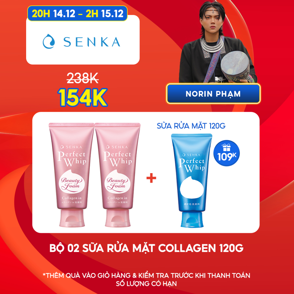 [Norin Pham x Senka] Bộ 02 Sữa rửa mặt tạo bọt bổ sung Collagen Senka Perfect Whip Collagen 120g/chai