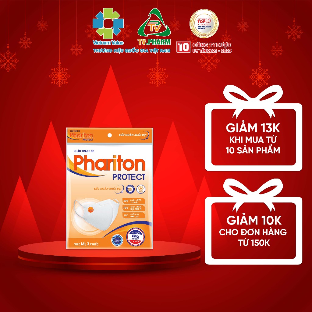 Khẩu trang 3D PHARITON PROTECT túi 3 cái - Siêu ngăn khói bụi, vi khuẩn, bụi mịn, chống UV UPF 20+, không xù lông