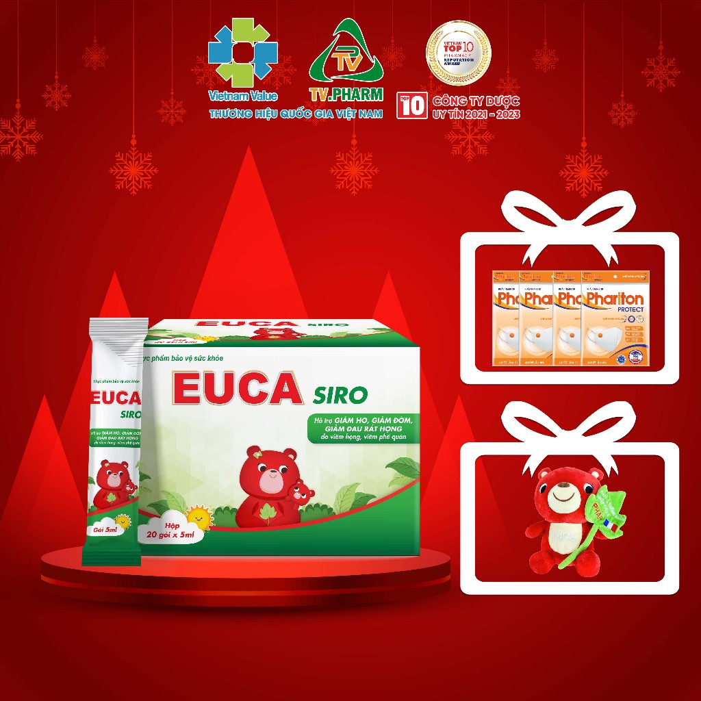 (MUA 1 TẶNG 4 TÚI KT, MUA 3 TẶNG 1 Gấu)EUCA SIRO - Hỗ trợ giảm ho, giảm đờm, giảm đau rát họng cho bé (Hôp 20 gói x 5ml)