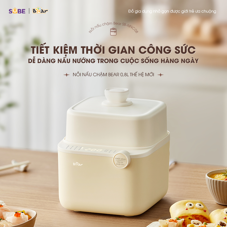 Nồi nấu cháo chậm bear 0,8L bản mới 7 chức năng ninh hầm hấp chưng cách thủy bảo hành 18m