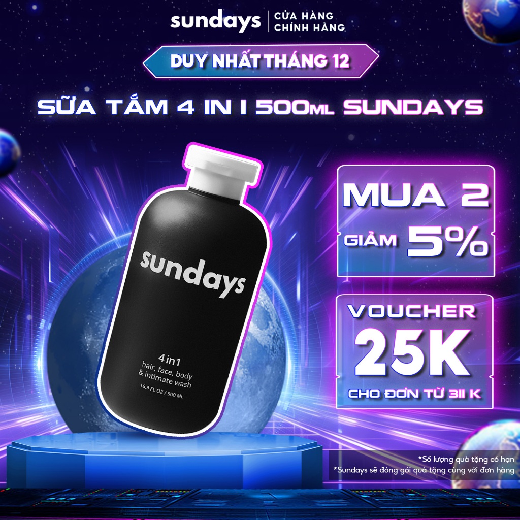 Sữa Tắm Gội Toàn Thân 4in1 cho Nam Sundays, tiện lợi, hương nước hoa quyến rũ 500ml
