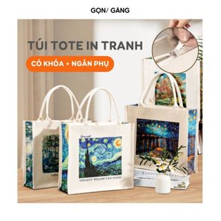  Túi tote canvas đựng quần áo sách vở laptop có dây kéo khóa in tranh vintage chống nước đi du lịch đi học Gọn Gàng 