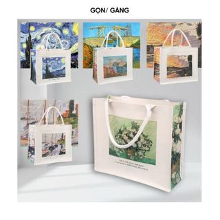 Túi tote vải canvas có khóa kéo vừa A4 laptop 15 inch in tranh vangogh đựng sách vở đeo vai đi học đi làm Gọn Gàng