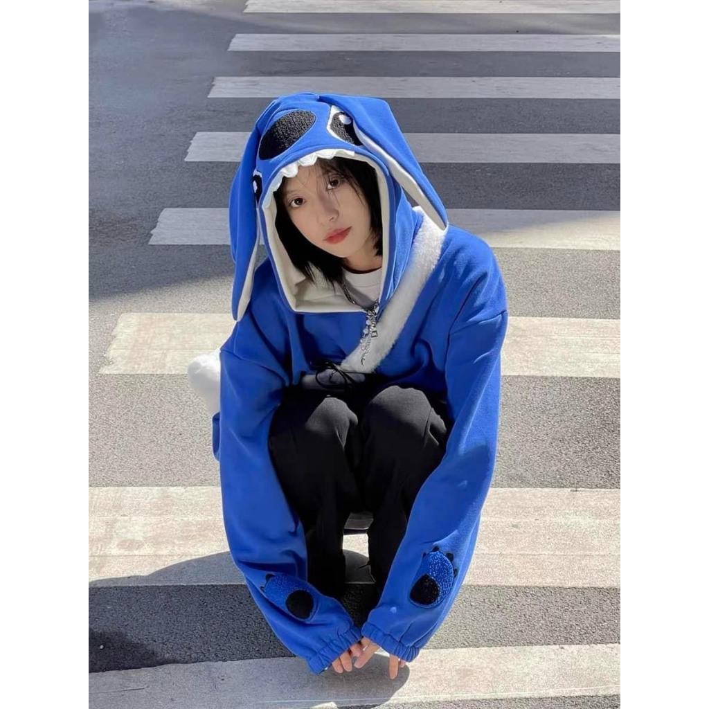 Áo khoác Lông có mũ kiểu dáng gấu stick chất nỉ màu xanh form rộng, áo hoodie zip unisex hot trend