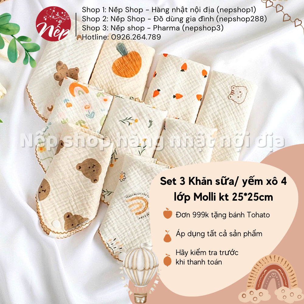 Set 3 Khăn sữa/ yếm xô 4 lớp Molli kt 25*25cm cho bé - Nếp shop - Hàng nhật nội địa