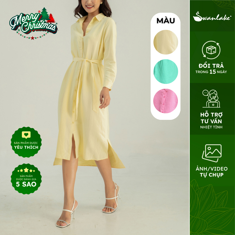 SWANLAKE | Đầm Sơ Mi Dáng Suông Tay Dài Vải Đũi (Kèm Dây Thắt Eo) Nhiều Màu - MÃ: D10366LW01