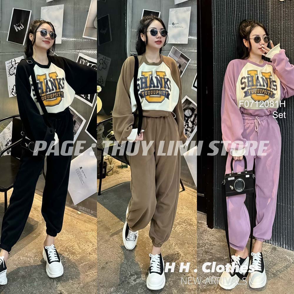 Set bộ áo croptop rút eo tay dài họa tiết phối quần dài ! PINKShop 1990