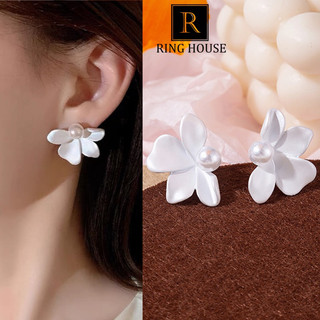 (Chuôi bạc 925) E289 khuyên tai bông tai nữ cô dâu hoa trắng tiểu thư đẹp