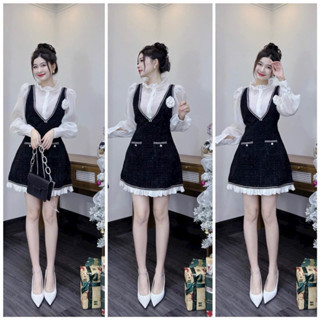 (SHOP BIGSIZE NỮ 50KG ĐẾN 90KG) set đầm yếm tiểu thư chất dạ kèm áo sơ mi trắng