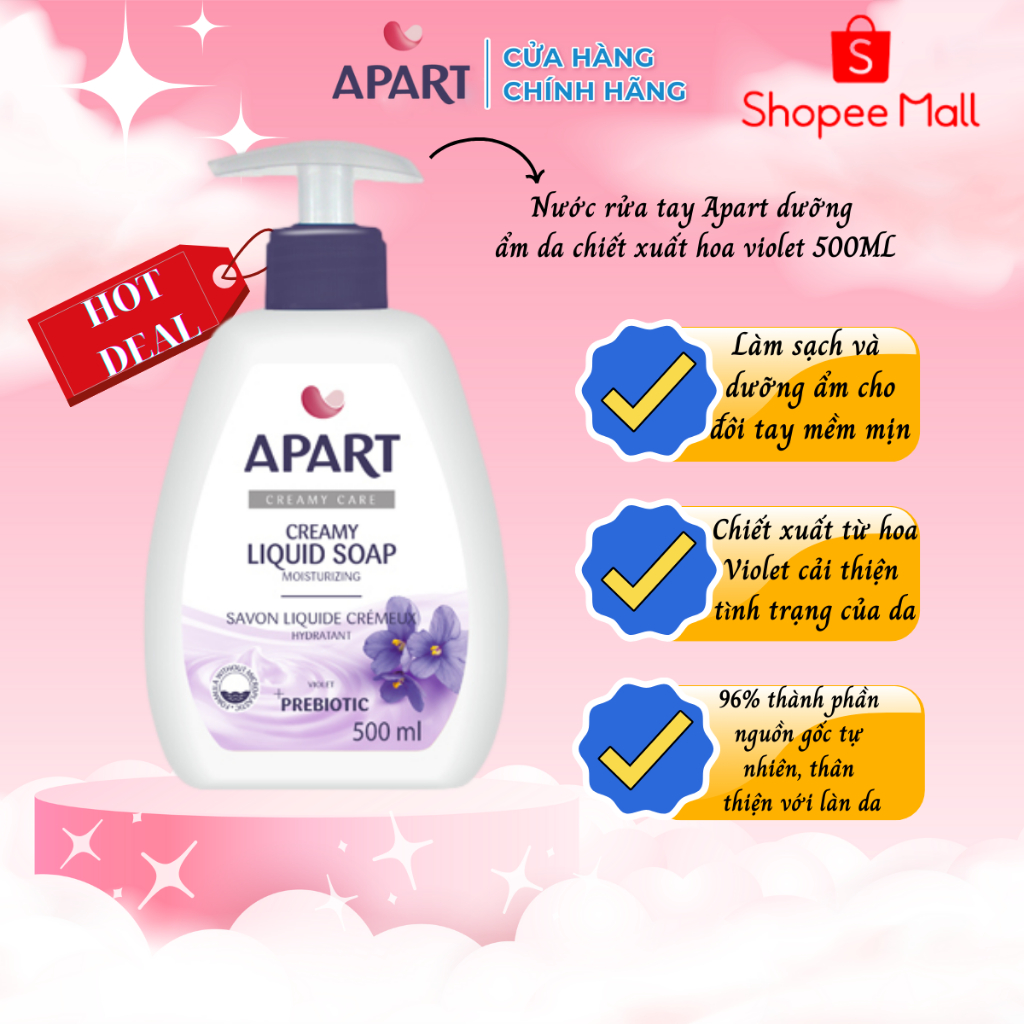 [Tặng rửa tay khô 100ml] Nước rửa tay dưỡng ẩm da Apart chiết xuất hoa violet 500ML
