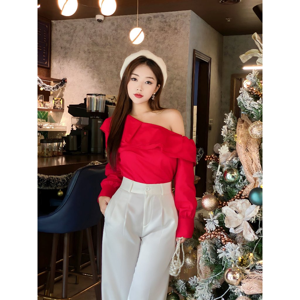 YU CHERRY | Áo thiết kế nữ lệch vai, cổ bèo 2 tầng One Shoulder Blouse YA466