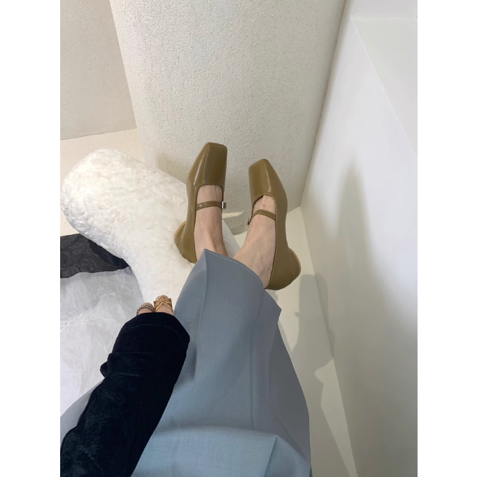 Giày búp bê  phong cách cổ điển 2024 xuân thu kiểu Mary Jane mũi vuông da mềm dễ mang cho nữ