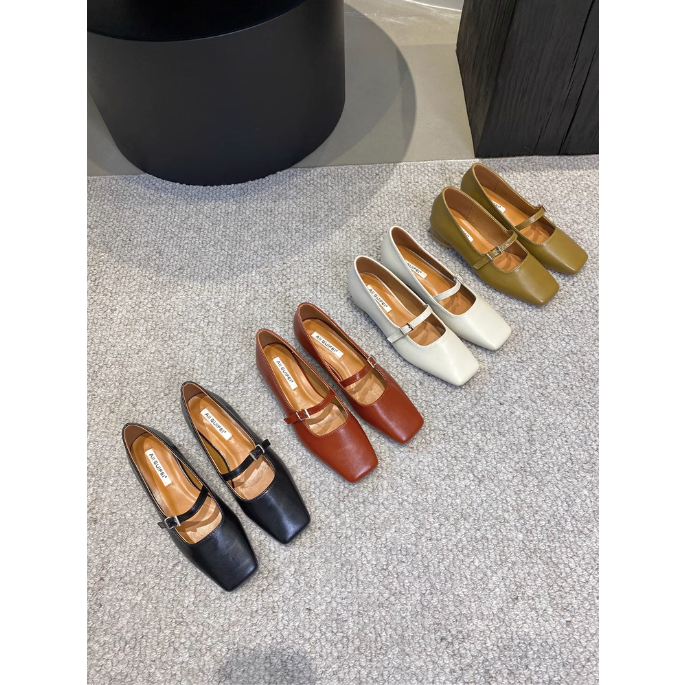 Giày búp bê  phong cách cổ điển 2024 xuân thu kiểu Mary Jane mũi vuông da mềm dễ mang cho nữ