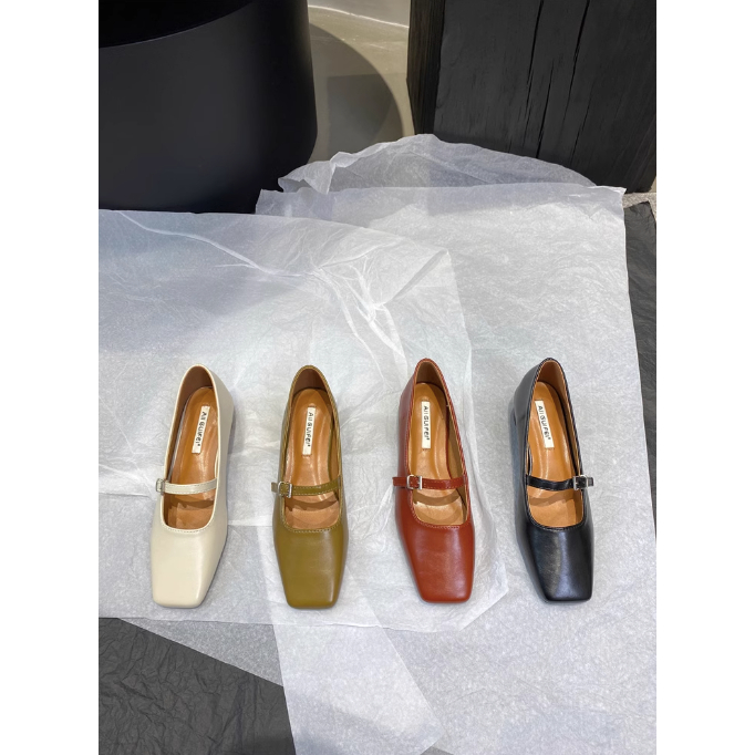 Giày búp bê  phong cách cổ điển 2024 xuân thu kiểu Mary Jane mũi vuông da mềm dễ mang cho nữ