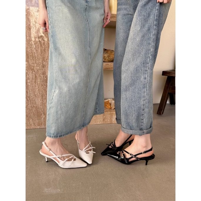 Giày sandals quai loe Sling back mũi nhọn cho nữ cao gót quai hậu da trơn bóng mùa hè 2023