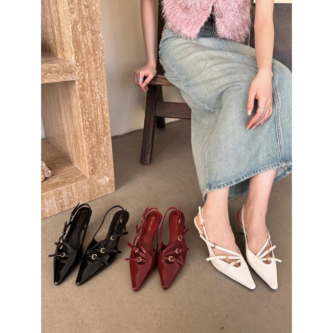 Giày sandals quai loe Sling back mũi nhọn cho nữ cao gót quai hậu da trơn bóng mùa hè 2023
