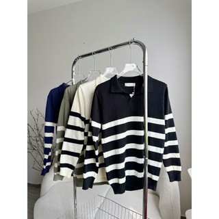 Áo len sweater kẻ ngang cổ POLO dài tay, chất len dệt kim mềm mại, phom dáng hàn quốc dễ mặc dễ phối đồ - SEOUL