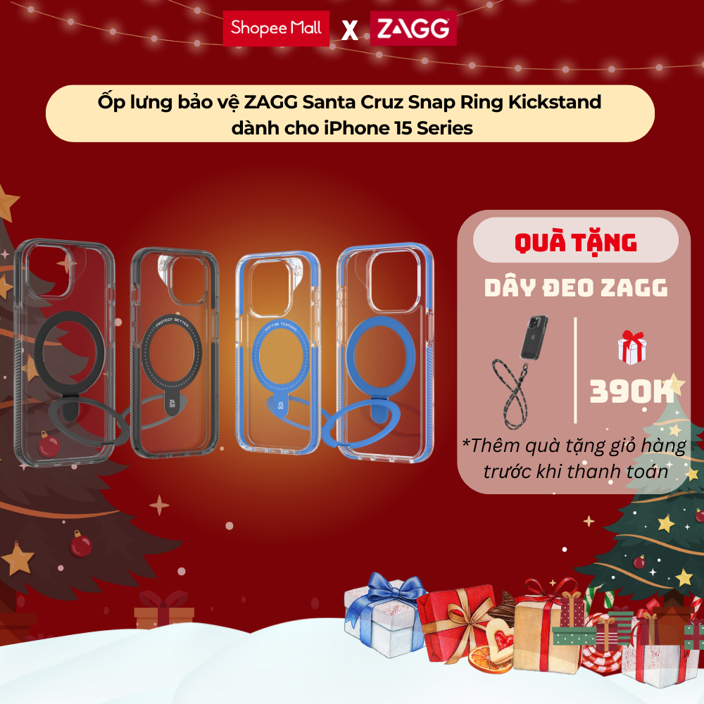 Ốp lưng chống sốc bảo vệ ZAGG Santa Cruz Snap Ring Kickstand cho iPhone 15 Series có Magsafe sạc không dây