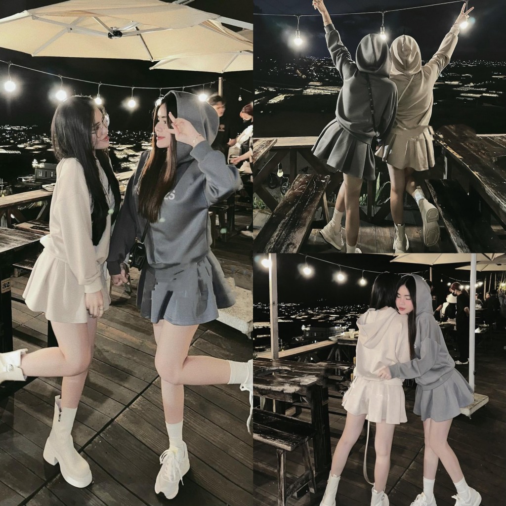 Set Nỉ 2 Da Áo Hoodie Chữ Phối Chấn Váy Xếp Li Siêu Chất
