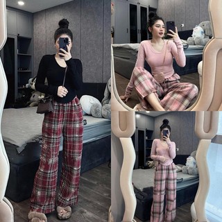 Set áo body vạt nhọn mix quần dạ kẻ 2 màu hồng, đen siêu xinh