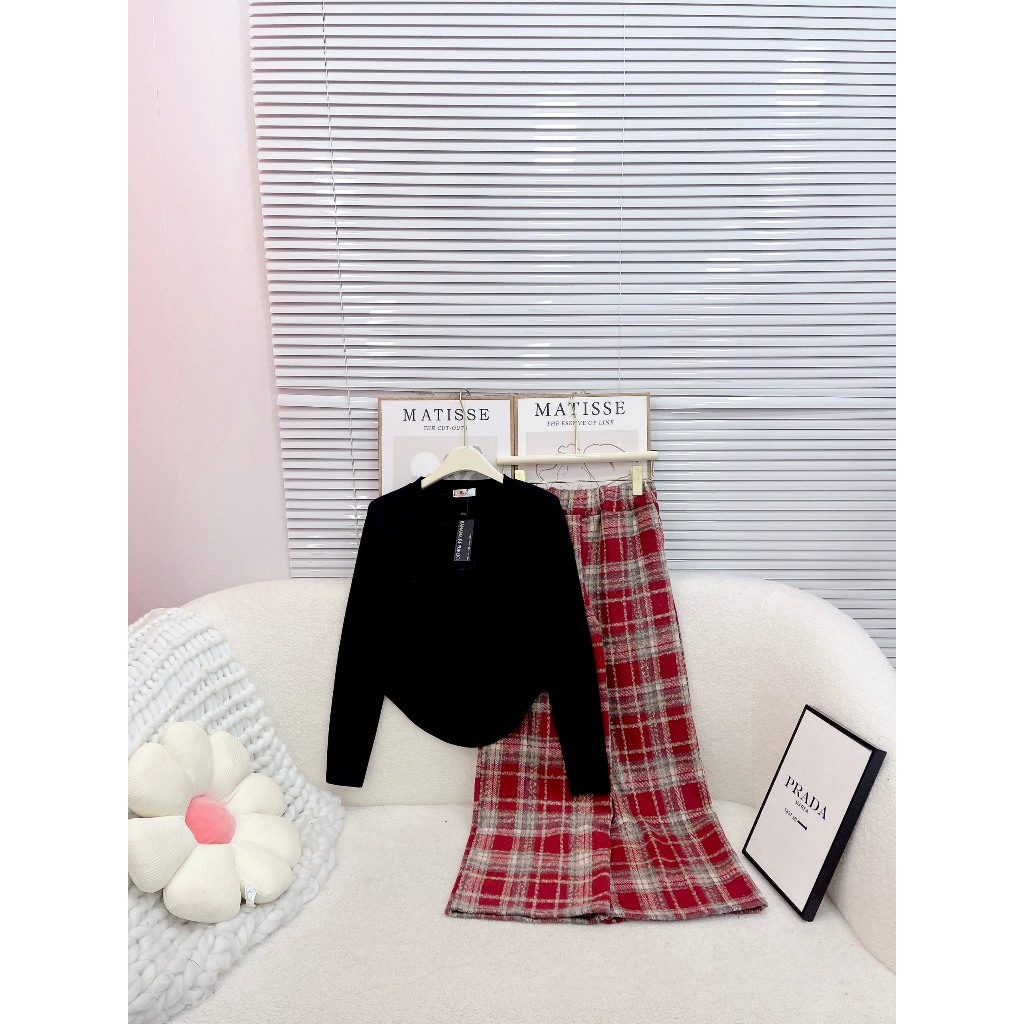 Set Áo Body Vạt Nhọn Mix Quần Dạ Kẻ 2 Màu Hồng, Đen Siêu Xinh