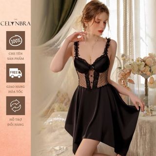 Set váy ngủ lụa kèm choàng sexy phối ren xuyên thấy đính nơ the celynbra - v128