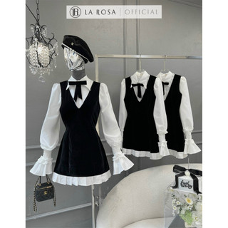 Set Váy Yếm Xếp Ly Tiểu Thư La Rosa Tay Áo Bo Chun Đính Nơ Chất Nhung Dày Dặn Tôn Dáng, Thanh Lịch S464