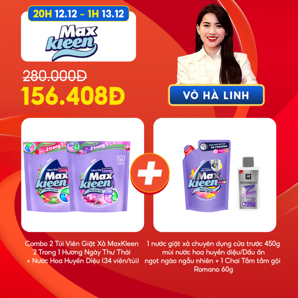 [Giá chỉ còn 156k sau voucher] CB 2 Túi Viên Giặt Xả Maxkleen Ngày Thư Thái & Huyền Diệu (34v/túi) 