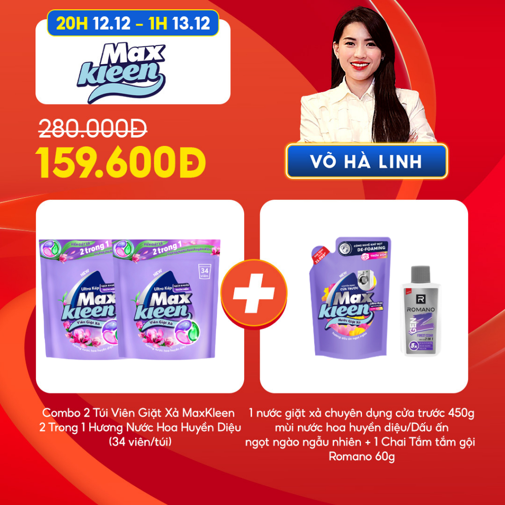 [Giá chỉ còn 159k sau khi áp voucher] CB 2 Túi Viên Giặt Xả Maxkleen Hương Nước Hoa Huyền Diệu (34v/túi)