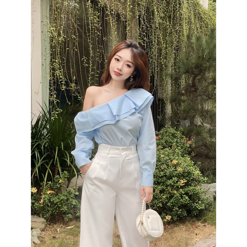 YU CHERRY | Áo thiết kế nữ lệch vai, cổ bèo 2 tầng One Shoulder Blouse YA466