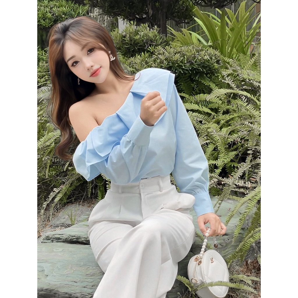 YU CHERRY | Áo thiết kế nữ lệch vai, cổ bèo 2 tầng One Shoulder Blouse YA466