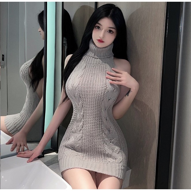 Váy ngủ len CỔ LỌ hở lưng GHI gợi cảm 936