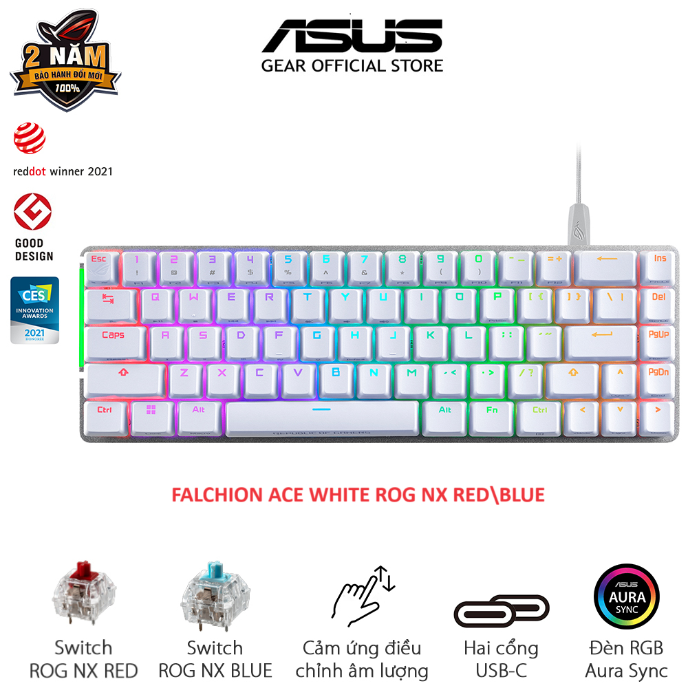 Bàn phím cơ gaming ASUS FALCHION ACE màu trắng, kích thước 65%, ROG NX Switch độc quyền RED\BLUE, nhựa ABS