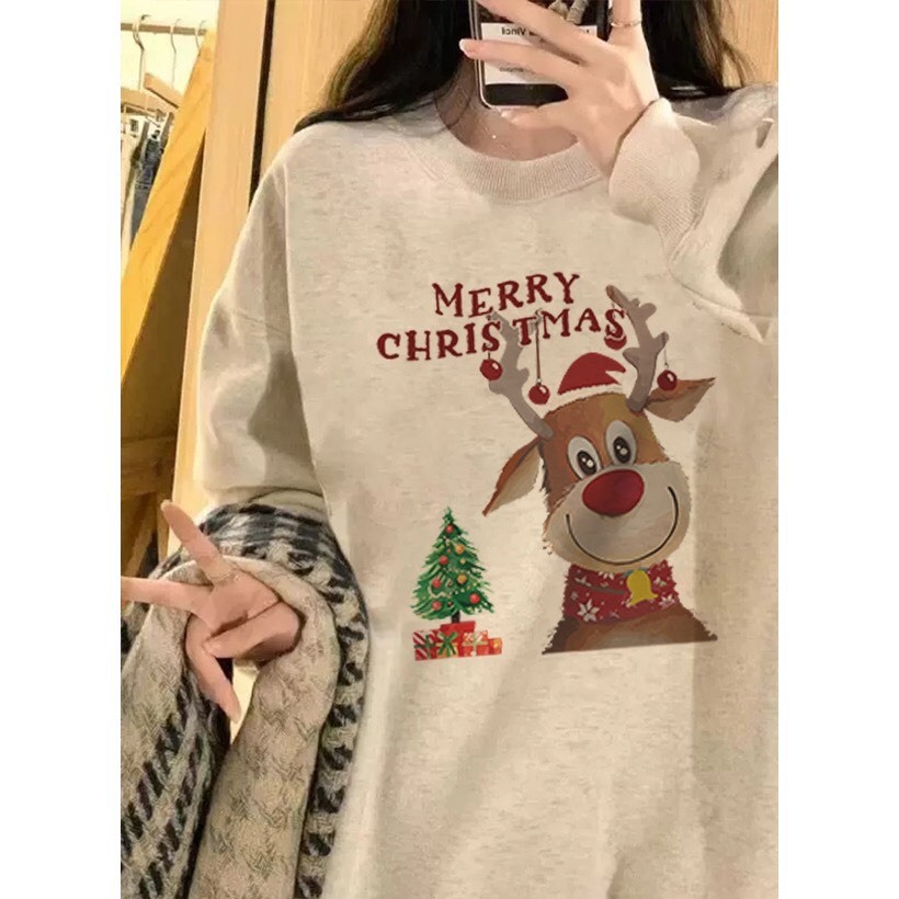 Áo Nỉ Cotton sw Nai sừng tấm Giáng sinh, Sweater cao cổ dài tay bồng, thun hoodie form rộng Ulzzang🌸Chất Nỉ Bông Đẹp