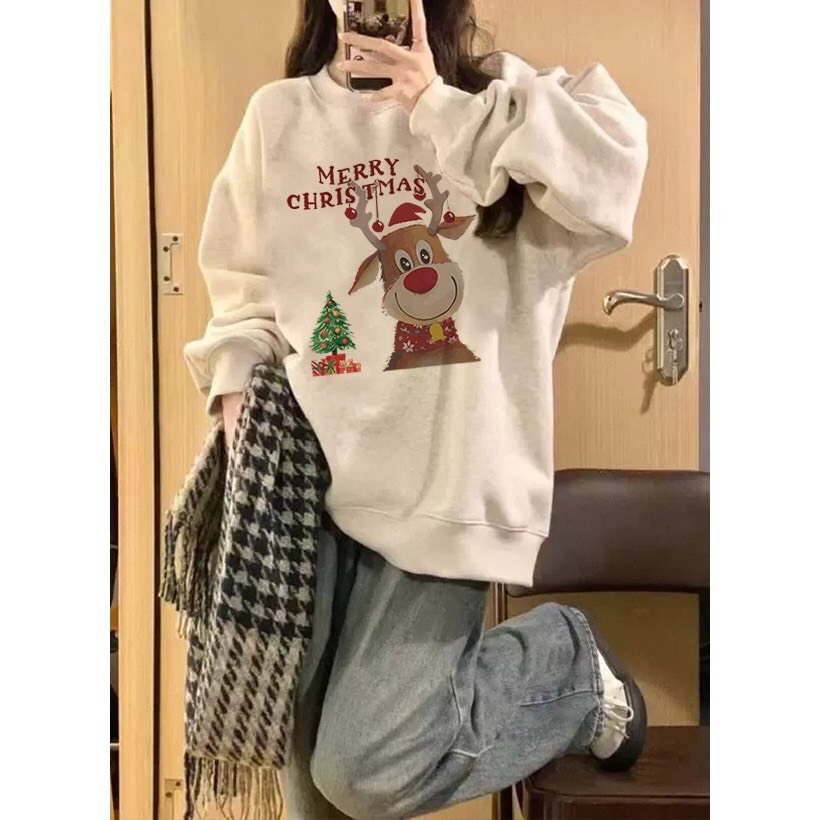 Áo Nỉ Cotton sw Nai sừng tấm Giáng sinh, Sweater cao cổ dài tay bồng, thun hoodie form rộng Ulzzang🌸Chất Nỉ Bông Đẹp