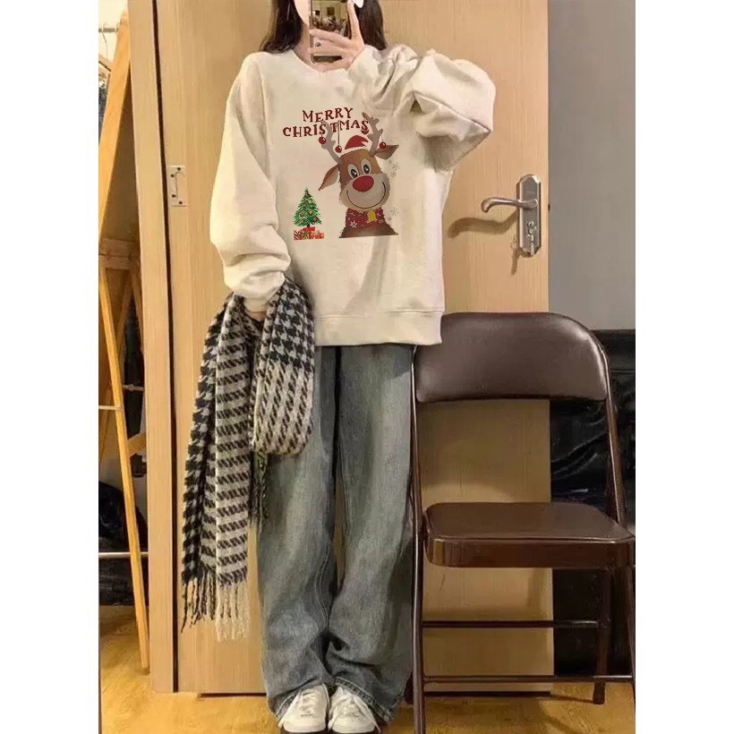 Áo Nỉ Cotton sw Nai sừng tấm Giáng sinh, Sweater cao cổ dài tay bồng, thun hoodie form rộng Ulzzang🌸Chất Nỉ Bông Đẹp