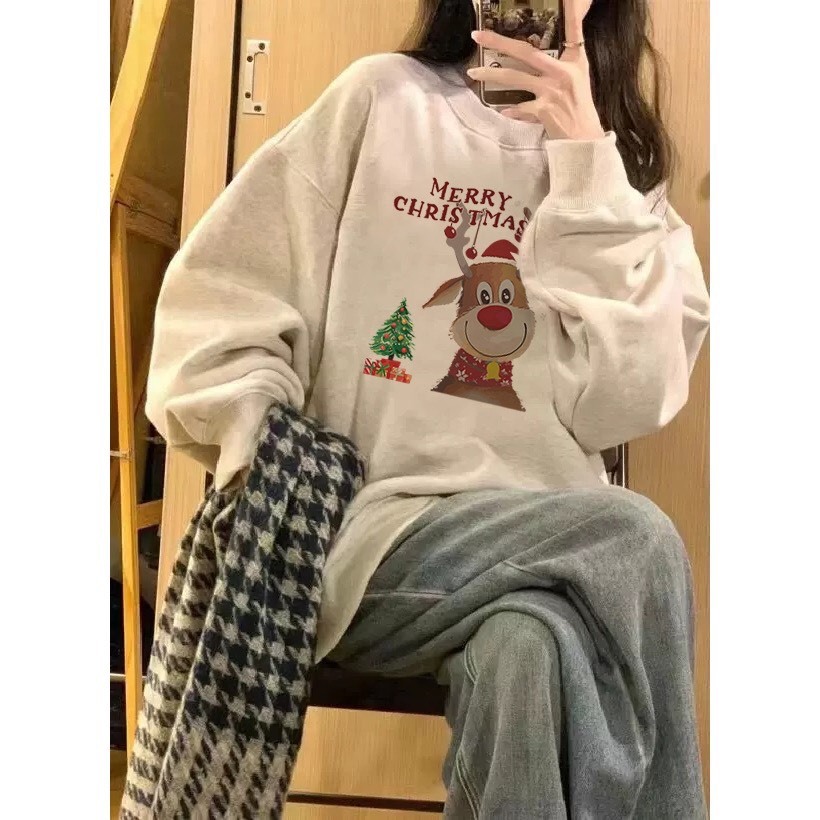Áo Nỉ Cotton sw Nai sừng tấm Giáng sinh, Sweater cao cổ dài tay bồng, thun hoodie form rộng Ulzzang🌸Chất Nỉ Bông Đẹp
