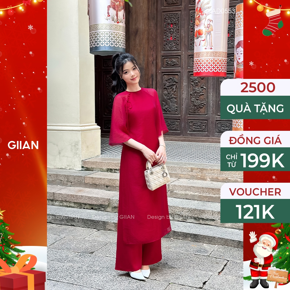 Áo dài tết đỏ 2024 nữ cách tân thiết kế Giian dáng suông 4 tà cổ tròn tay loe đính nơ chất liệu tơ óng cao cấp - AD0553