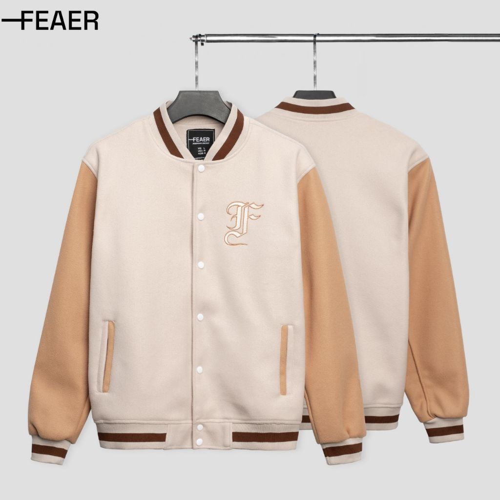 Áo khoác varsity BONE BROWN chất dạ dày dặn, đứng form, trẻ trung - FEAER