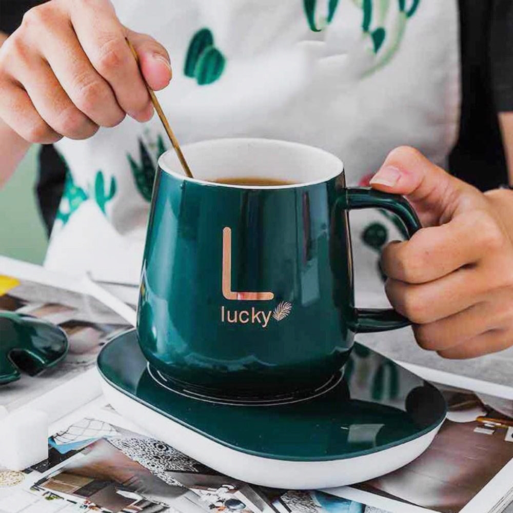 Cốc Hâm Nóng Đồ Uống Kèm Đế Điện Lucky Thông Minh Màu Xanh Ngọc Lục Bảo Tặng Kèm Thìa Vàng Giữ Nhiệt 55 độ